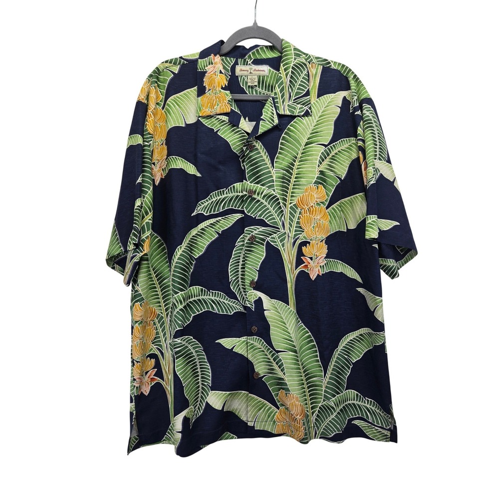 Tommy‎ Bahama Mens Large 100% Silk Banana Leaf Tropical Aloha Camp Shirt Blue